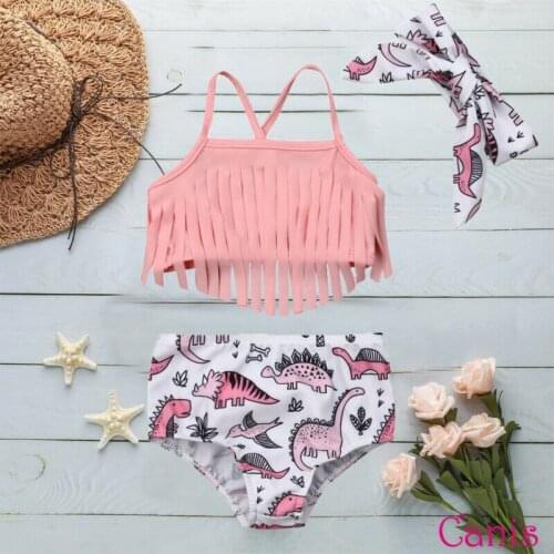 Baby Swimsuit 2019 New Summer Kids Girls Tassel Strap Tops Dinosaur Bottom Headband 3PCS Swimwear Beachwear Bathing Suit 0-24M