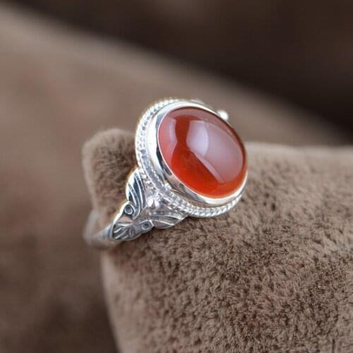 FNJ 925 Silver Red Agate Ring for Women Jewelry 100% Original Pure S925 Silver Sterling Ring Ruby Flower Pattern