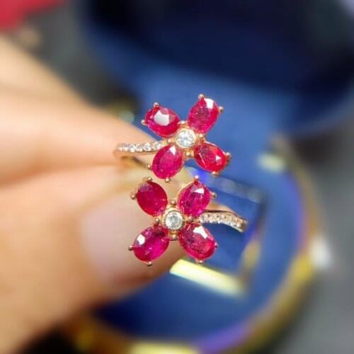 Natural real ruby or emerald flower ring Per jewelry 925 sterling silver 3*4mm 0.35ct*8pcs gemstone Fine jewelry T21474
