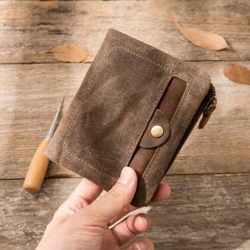 Mini purse Mens small wallet Retro Crazy Horse Skin men Short Canvas Wallet Leather Zipper Cowhide card holder Wallet Literary