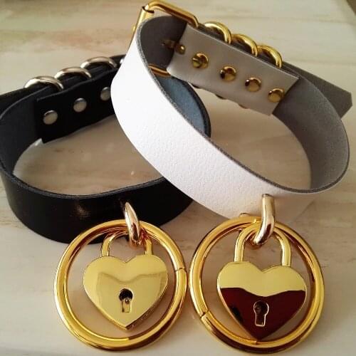 Sexy Fashion Harajuku Handmade Leather Choker belt Rock Punk Goth Collar O-Round Heart Lock Stud Golden color Necklace torque