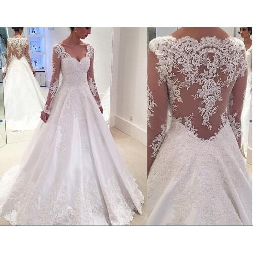 V Neck Lace Wedding Dresses Applique Illusion Back Long Sleeves Floor Length A Line Sweep Train Bridal Dress Vestido De Noiva