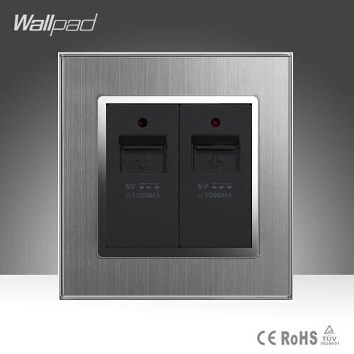 CE Wallpad AC 110-250V Dual USB Socket Port Silver Satin Metal UK US EU Double USB Charger Wall Socket Plug with LED Indicator