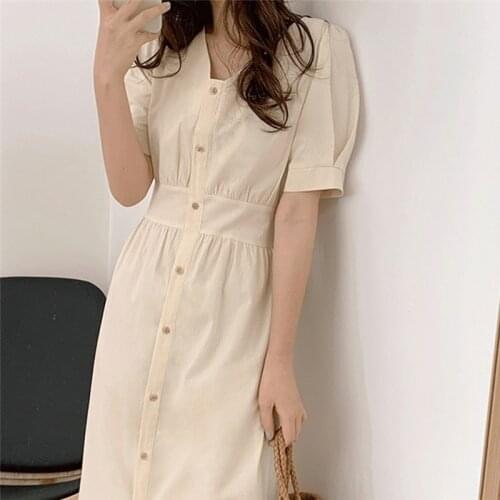 GOOHOJIO New Women Summer Dresses Casual V-Neck Single Breasted Puff Sleeve High Waist Vintage Fashionable Lace Up Long Dresses