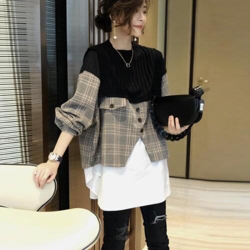 Autumn winter new European goods loose shirt splicing wool knit sweater female false two western-style shirt