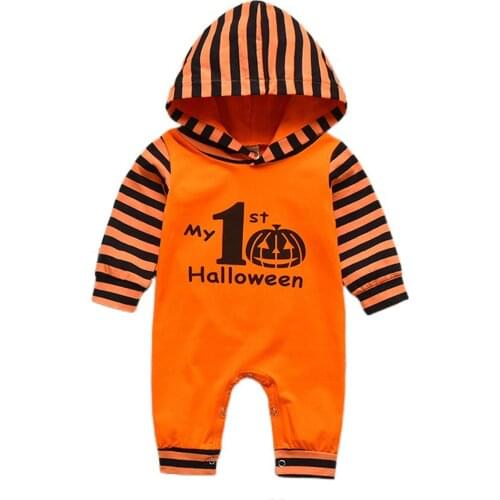 Unisex Baby Girls Boys Halloween Striped Romper, Letter Pumpkin Print Long Sleeve Hooded Jumpsuit