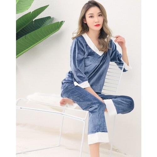 Plus Size 2019 Autumn Winter Thick Warm Gold Velvet V-neck Pajama Sets for Women Long Sleeve Sleepwear Homewear Pijama Mujer