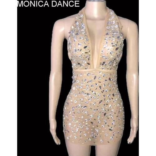 Sexy Stage Sparkly Silver Crystals Transparent Dress Birthday Celebrate Bling Rhinestones Shining Outfit Dancer Evening Dress