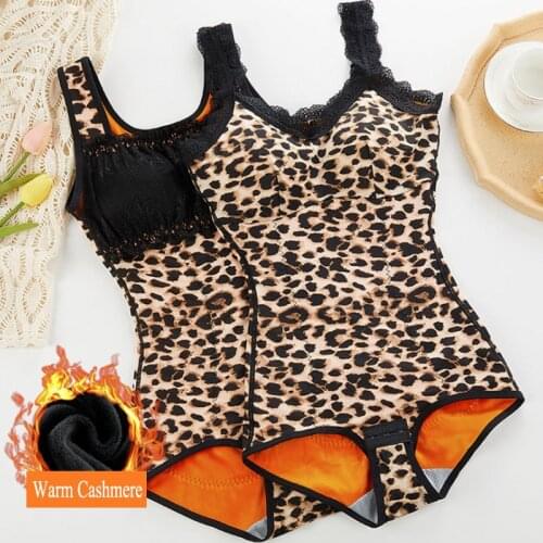 Womens Binders and Shapers Fleece Lined Thermal Winter Underwear Leopard Printed Shapewear Slimming Sheath Belly Waist Bodysuit