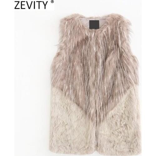 Zevity Women Fashion Sleeveless Color Matching Faux Fur Patchwork Vest Jacket Ladies Casual WaistCoat Chic Outwear Tops CT743