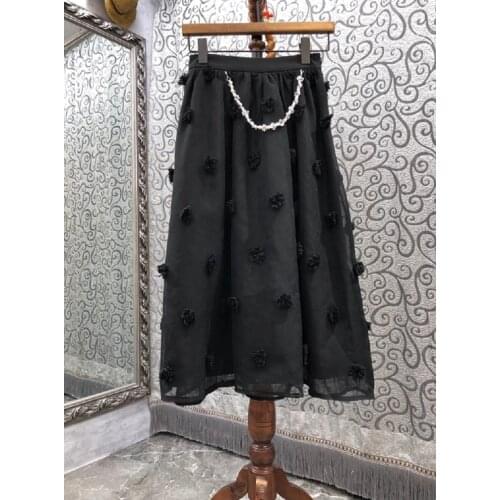 2021 Autumn Fashion Long Skirts High Quality Women Appliques Floral Beading Deco Casual Black Gown Skirts Ladies Party Skirt