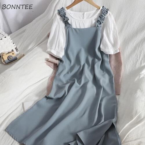 Dresses Women Sleeveless Solid Simple All-match Sweet Harajuku Loose High Waist Elegant Feminino Vestidos Leisure Daily Ulzzang