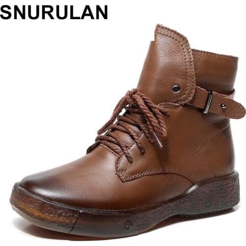 SNURULAN Womens boots made of genuine leather; vintage short lace-up boots; spring-fall season; handmade shoes with a zipper