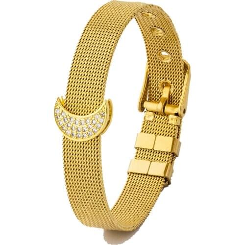 Women CZ Crescent Copper Accessories Adjustable Stainless Steel Bracelet Watch Belt Buckle Bangle Jewelry For Birthday Gifts