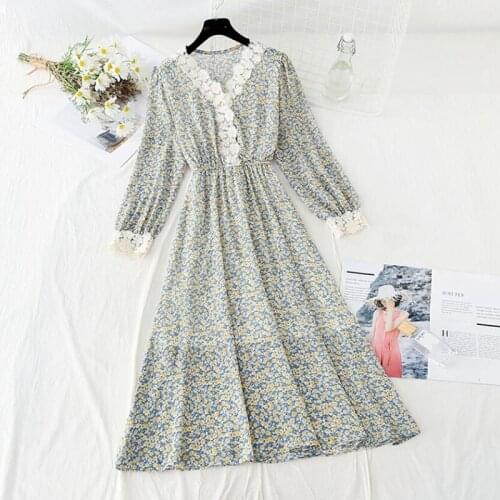 Women Vintage Ruffled A-line Chiffon Dress Long Sleeve Lace V-neck Floral Print Elegant Midi Dress 2021 Spring Summer Vestidos