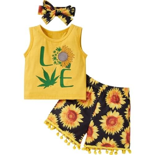 2021-02-27 Lioraitiin 1-5Years Toddler Baby Girl 3Pcs Clothing Set Sleeveless Vest Top Sunflower Printed Shorts Headband