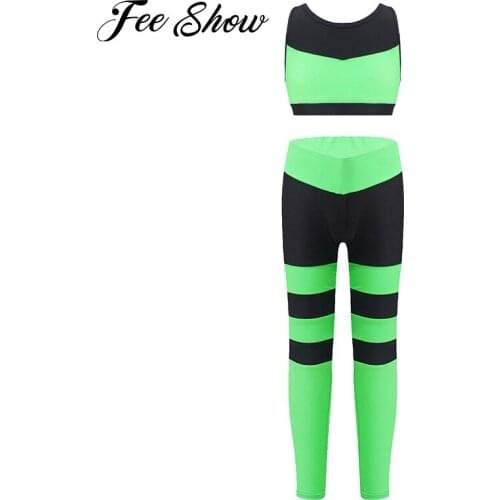 2Pcs Kids Girls Summer Sport Suit Sleeveless Keyhole Back Stripes Cropped Sport Vest Tops and Pants Set for Exercise Casual Wear