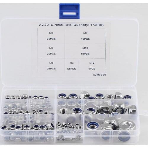 304 Stainless Steel Nylon Self-locking Hex Nuts Locknut Slip Lock Nut Kit M3-M12 Hexagon nylon self-locking nut Kit 175 pcs