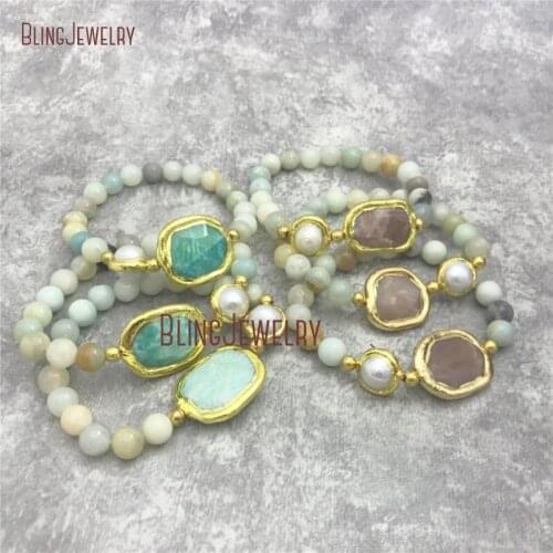 Amazonite Stone Stackable Bead Bracelet Stretch Bracelet Gold Dipped Fresh water Pearl Bracelet BM28165