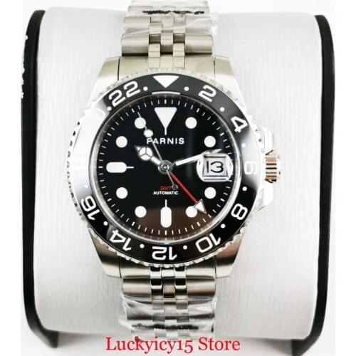PARNIS New Arrival 40mm Black Dial Date GMT Function Sapphire Glass Wristwatch Men Mental Bracelet Ceramic Bezel