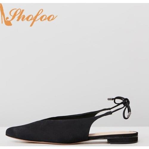 Black Soft Leather Pointed Toe Slingbacks Flats Woman Lace UP Large Size 11 12 For Ladies Summer Shoes Fashion Dress Holidays