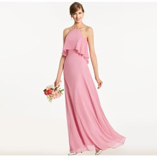 Tanpell halter long bridesmaid dress light peach sleeveless floor length a line gown women graduation formal bridesmaid dresses