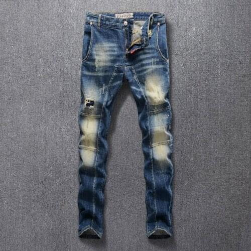 European Vintage Fashion Men Jeans Retro Blue Elastic Slim Fit Hip Hop Ripped Jeans Men Spliced Designer Denim Punk Biker Pants