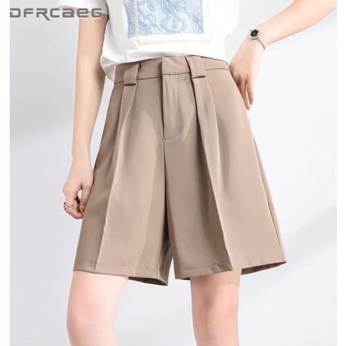 Khaki Loose Summer Bermuda Women Shorts For Suit 2021 High Waist Casual Work Wear Short Trousers With Belt Femme