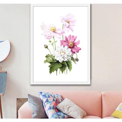 Pink & White Plants Flower Art Prints Japanese Anemones Poster Botanical Illustration Poster Canvas Painting Home Wall Art Decor
