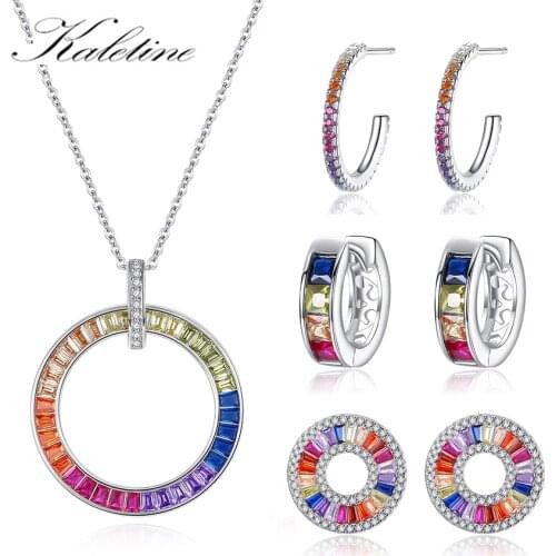 KALETINE Rainbow Heart 925 Sterling Silver Hoop Earrings Necklace Rings CZ Korean Zirconia Women Earrings Set Charm Jewelry Gift