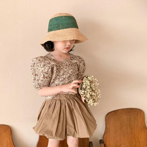 Girls' Clothing Suit Temperament Puff Sleeve Floral Blouse +Flower Bud Skirt Sets 2021 Summer New British Style ChildrenS Wear