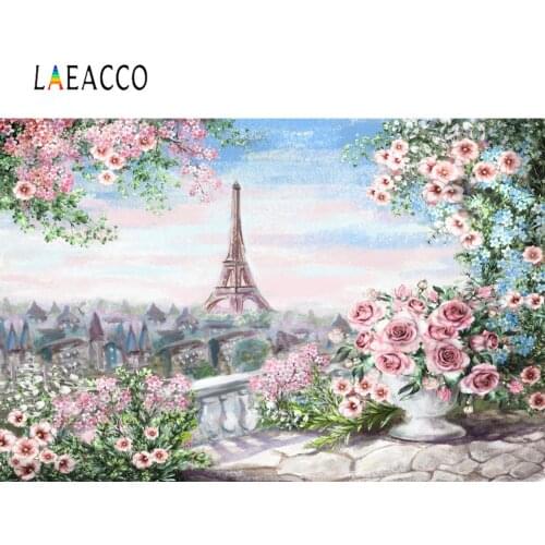 Laeacco Photo Backdrops Eiffel Tower Oil Painting Watercolor Flower Wallpaper Pattern Photo Backgrounds Photocall Photo Studio