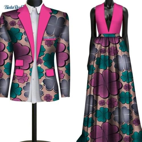Fashion Sweet Couple Clothing Flowers Mens Suits & African Print Dresses for Women Bazin Riche Lovers Couple Clothes WYQ79
