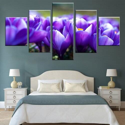 Wall Art Modular Picture For Living Room Decor 5 Panels Crocus Flower Green Lilac Pastel Petal Violet HD Poster Canvas Painting