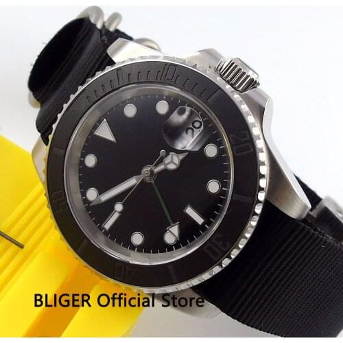 Sapphire Crystal 40MM Black Sterile Dial Mens Watch Ceramic Bezel Luminous GMT Function Nylon Strap Automatic Movement