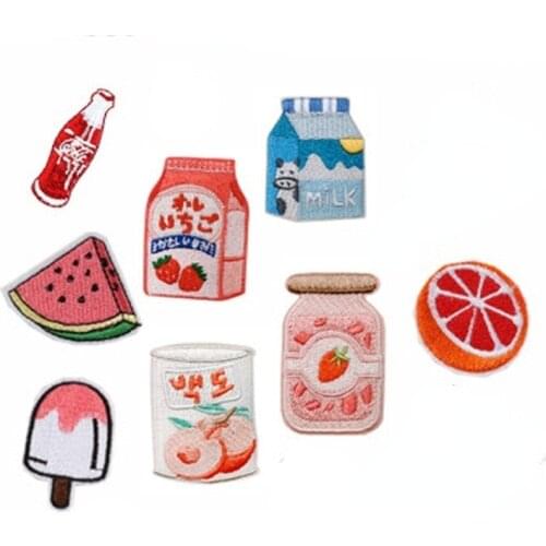 Fruit Milk Bottle Strawberry Watermelon Coke Orange Patch Clothes DIY Feather Badges Stickers for Backpack Printed Stripe Decal