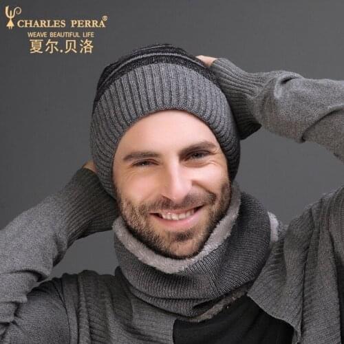Charles Perra Men Knitted Hats Winter Double Layer Thicken Wool Hat Fashion Casual Male Skullies Beanies Ear Protection 3316