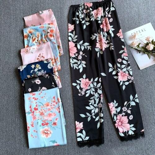 Print Sleep Bottoms Womens Satin Long Pants Sleepwear Summer Elastic Waist Trousers Pijamas Casual Home Wear Lace Nightwear