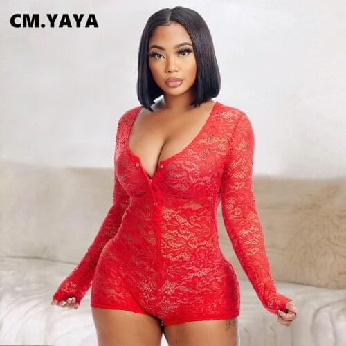 CM.YAYA Women Playsuit Embroidery See-through V-neck Bandage Skinny Elastic Full Sleeve Playsuits Sexy Night Club Dress Summer