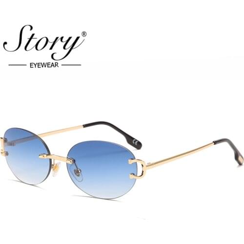 STORY 2021 Brand Design Retro Frameless Oval Sunglasses Women Men 90s Trendy Vintage Blue Rimless Small Round Sun Glasses S50707