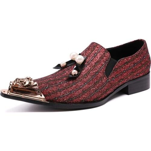 Luxury Business Party Dress Shoes Men Red Wine Wedding Shoes Mens Metal Pointed Toe Slip-On Nightclub Bars Red Shoes Size 38-46