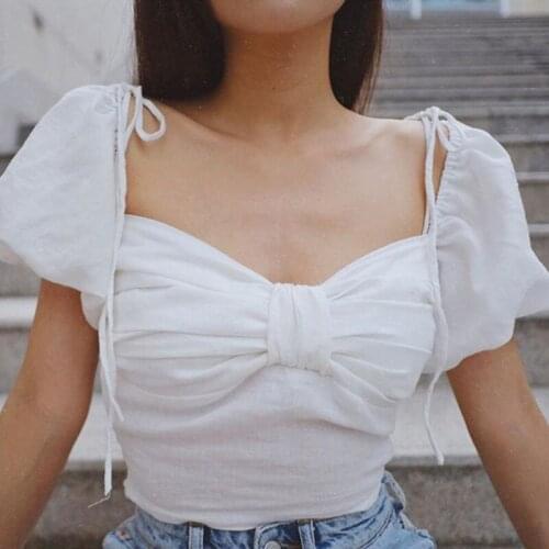 New Elegant Square Neck Women T-shirt Sweet Pleated Bowknot Puff Sleeve Girl Crop Top 2021 Summer Ladies Fashion Casual T-shirts