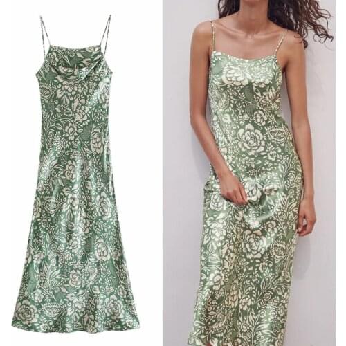 Vintage Print Green Dress Women Slip Dress 2021 Woman Summer Long Dresses Ladies Backless Sleeveless Strap Beach Dresses