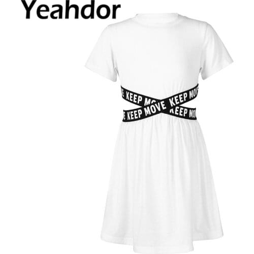 2021 Kids Girls Sport Dresses Casual Wear Round Neck Short Sleeves Printed Webbing Straps Hollow Out Waist Knee Length Dress