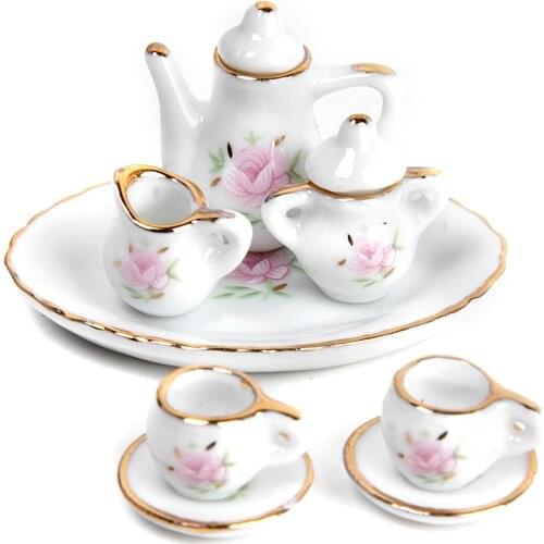 8pcs Dollhouse Miniature Dining Room Accs Porcelain Tea Set Dish Cup Floral