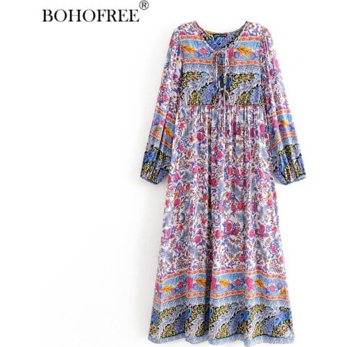 Boho Tunic Dress Long Sleeve Lace Up Floral printed Long Hippie Vestidos For Women Clothing Bohemian Dress