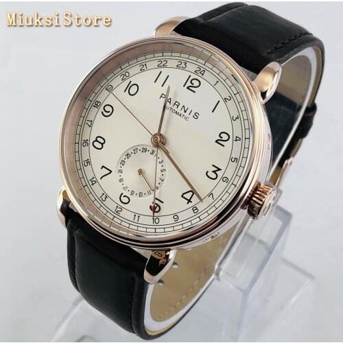 Parnis 2019 new top mens automatic mechanical watch 42mm rose gold case GMT arab mark date window leather mens watches