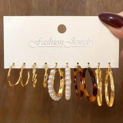 EN Vintage Gold Geometric Round Acrylic Hoop Earrings Set For Women Bohemian Fashion Pearl Unusual Earrings Wholesale Jewelry