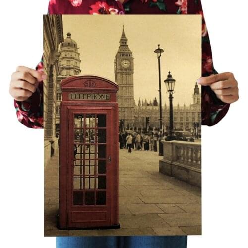 London Red Telephone Booth Nostalgic Kraft Paper Poster Cafe Bar Room Decoration Painting Wall Sticker 51x35.5cm