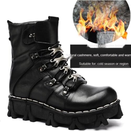 Mens Cowhide Genuine Leather Motorcycle Boots Military Combat Boots Gothic Skull Punk Boots Men Motorcycle Shoes Fashion Boots